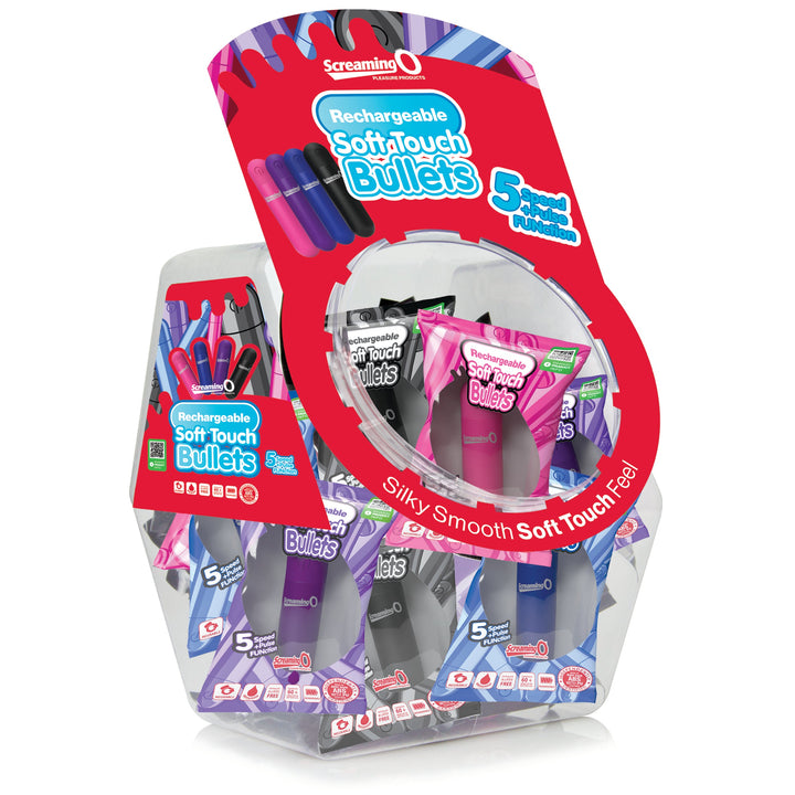 Screaming O Soft Touch Rechargeable Bullets candy bowl display with assorted pink, purple, and black units