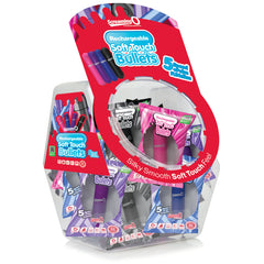 Screaming O Soft Touch Rechargeable Bullets candy bowl display with assorted pink, purple, and black units