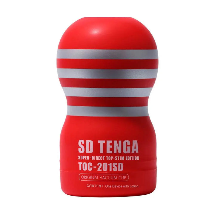 SD Tenga Original Vacuum Cup in bold red with silver stripe bands, compact cup design