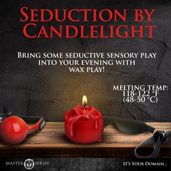 Seduction by Candlelight graphic showing Flaming Rose candle melting temp of 118–122°F on shelf