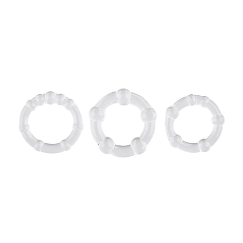 Selopa Erection Rings 3-piece set in clear TPE, shown in small, medium, and large sizes