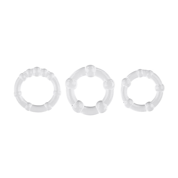 Selopa Erection Rings 3-piece set in clear TPE, shown in small, medium, and large sizes