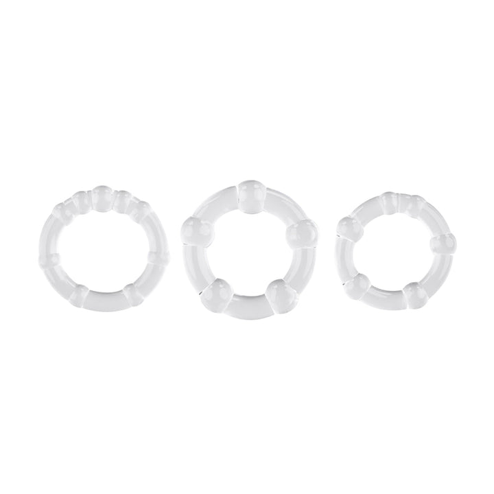 Selopa Erection Rings 3-piece set in clear TPE, shown in small, medium, and large sizes