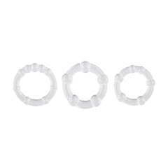 Selopa Erection Rings 3-piece set in clear TPE, shown in small, medium, and large sizes