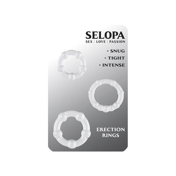Selopa Erection Rings packaging card showing snug, tight, and intense size options