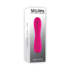 Selopa Razzle Dazzle vibrator beside its sleek black and white retail packaging box