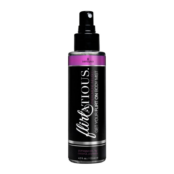 Sensuva Flirtatious body mist spray bottle, 4.2 oz, black with purple label, pomegranate & plumeria