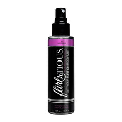 Sensuva Flirtatious body mist spray bottle, 4.2 oz, black with purple label, pomegranate & plumeria