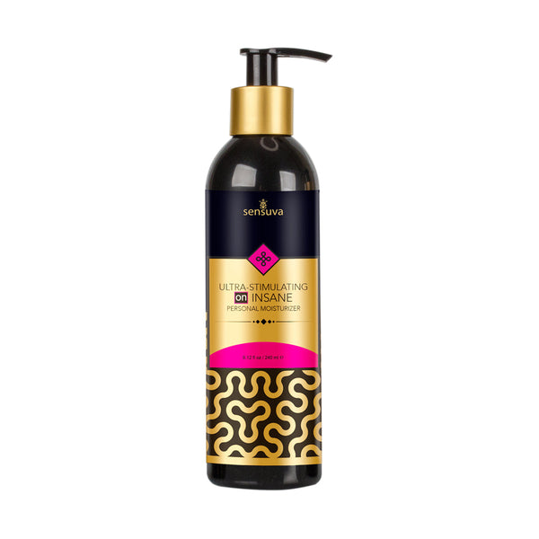 Sensuva ON Insane personal moisturizer in a black pump bottle with gold and pink accents, 8 oz