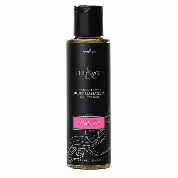 Sensuva Me & You luxury massage oil in Pink Grapefruit & Vanilla Bean, 4.2 fl oz black bottle