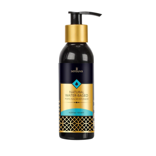 Sensuva Natural Water-Based Personal Moisturizer in a sleek black pump bottle with gold accents