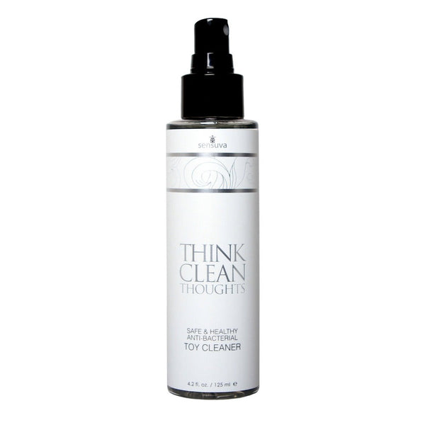 Sensuva Think Clean Thoughts antibacterial toy cleaner spray bottle, 4.2 oz, white label