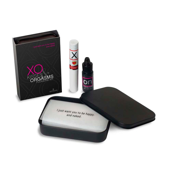 Sensuva XO Kisses and Orgasms Pleasure Kit with black box, arousal oil, and lip balm