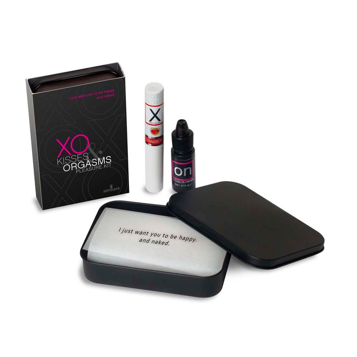 Sensuva XO Kisses and Orgasms Pleasure Kit with black box, arousal oil, and lip balm