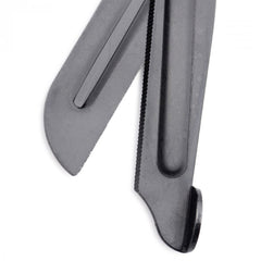 Close-up of serrated and smooth black blades on Heavy Duty Bondage Scissors with blunt safety tip