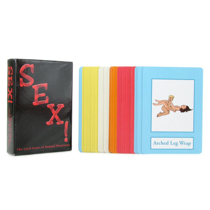 SEX! Card Game box beside fanned multicolour position cards with illustrated front card