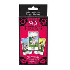 Sex Fortunes tarot card game box featuring illustrated position cards for couples, multilingual