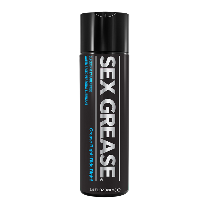 Sex Grease Water Based lubricant in a sleek black 4.4 oz pump bottle, glycerin-free formula