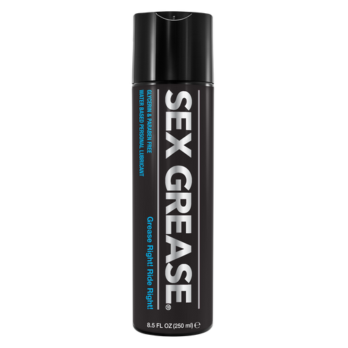 Sex Grease Water Based personal lubricant in a sleek 8.5 oz black flip-top bottle