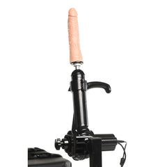 Close-up of sex machine motor unit mounted vertically on bench frame with silicone dildo attached