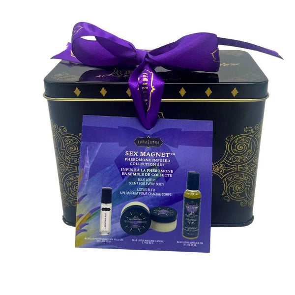 Sex Magnet Pheromone Infused Collection black tin with purple bow and Blue Lotus product card leaning against it