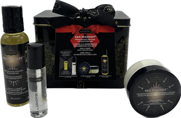 Sex Magnet Vanilla Amber collection showing massage oil, roll-on, and candle beside gift tin