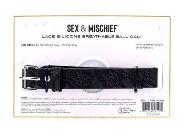 Sex & Mischief ball gag shown in retail packaging displaying lace strap and product label details