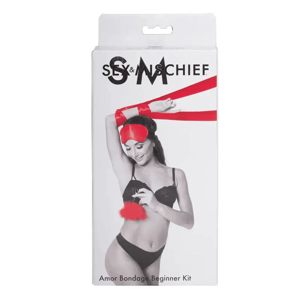 Sex & Mischief Amor Bondage Beginner Kit box showing red satin accessories set