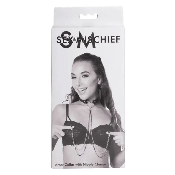 Sex & Mischief Amor Collar with Nipple Clamps shown on product box front