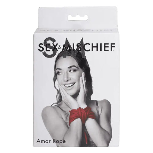 Sex & Mischief Amor Rope retail box featuring model with red rope wrist tie