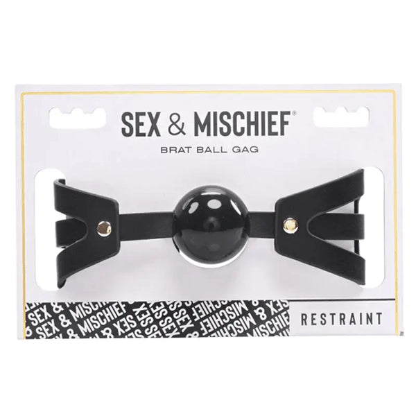 Sex & Mischief Brat Ball Gag in black vegan leather on branded retail card packaging