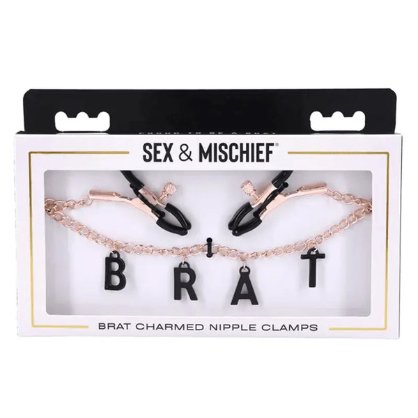 Sex & Mischief Brat Charmed Nipple Clamps in rose gold with black letter charms in retail box