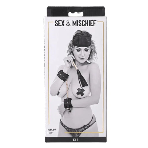 Sex & Mischief Brat Kit box showing model wearing blindfold and faux-fur cuffs with mini flogger