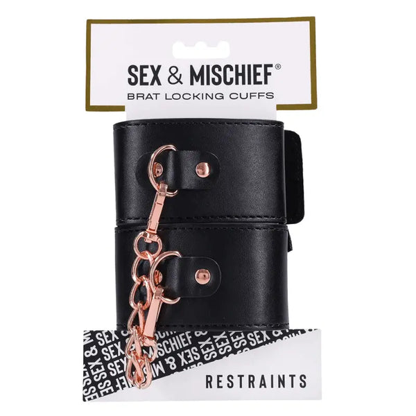 Sex & Mischief Brat Locking Cuffs in black vegan leather with rose gold chain hardware
