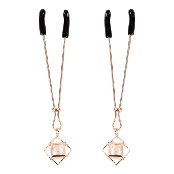 Sex & Mischief Brat Pearl Nipple Clips in rose gold with black rubber tips and cube pendants