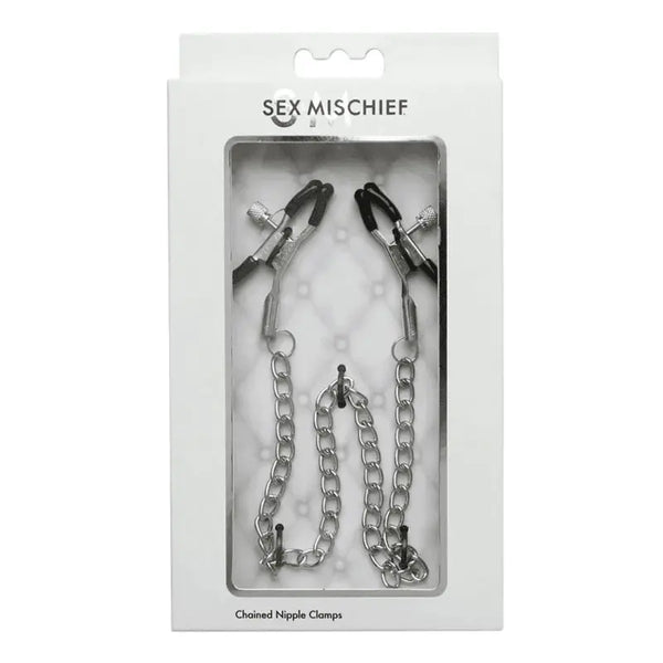 Sex & Mischief Chained Nipple Clamps in white retail box with clear window panel