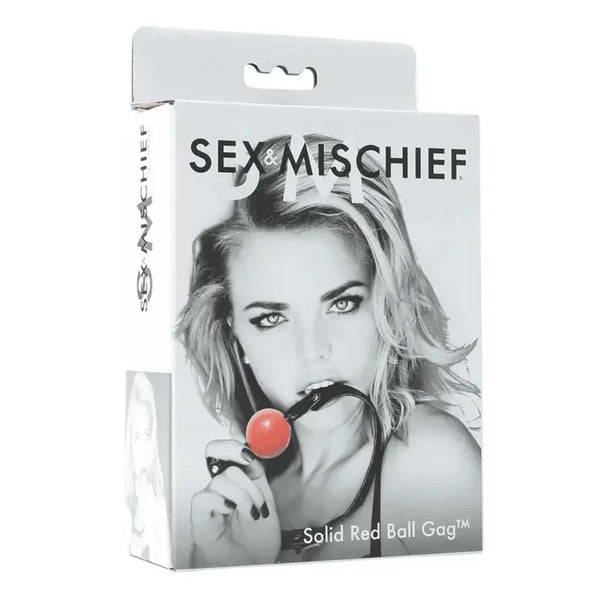 Sex & Mischief Solid Red Ball Gag retail box featuring black-and-white model photo