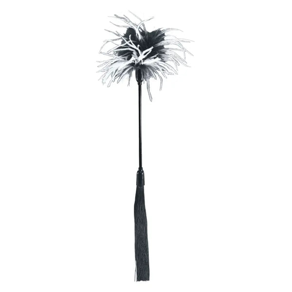 Sex & Mischief Whip and Tickle with black feather top and silky tassel handle