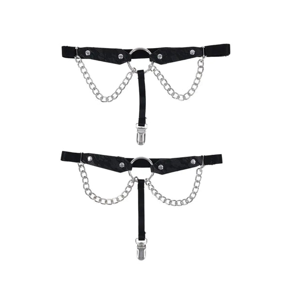 Sex & Mischief Chain Lace Garters in black with silver-tone chains and stocking clips, pair shown flat