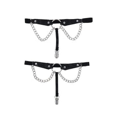 Sex & Mischief Chain Lace Garters in black with silver-tone chains and stocking clips, pair shown flat