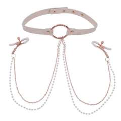 Sex & Mischief collar with O-ring and pearl-beaded rose gold nipple clamp chains