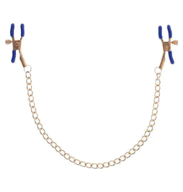Sex & Mischief Cougar Chained Nipple Clamps with blue rubber tips and gold-tone link chain