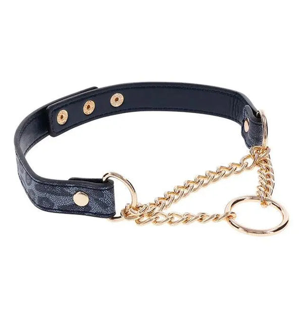 Sex & Mischief Cougar Day Collar in black faux leather with gold chain and O-ring