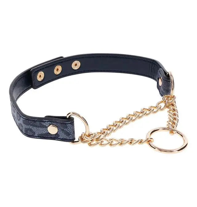 Sex & Mischief Cougar Day Collar in black faux leather with gold chain and O-ring
