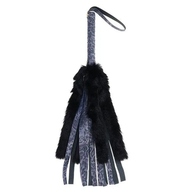 Sex & Mischief Cougar Faux Fur Flogger with leopard-print handle and black fur tails
