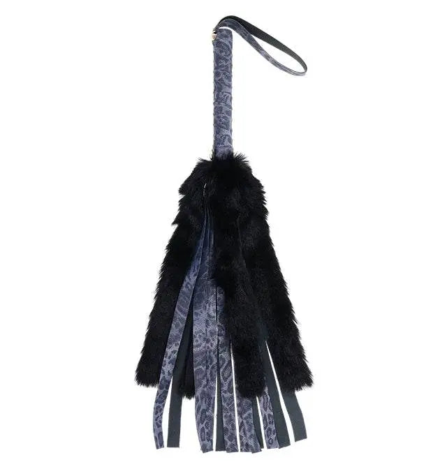 Sex & Mischief Cougar Faux Fur Flogger with leopard-print handle and black fur tails