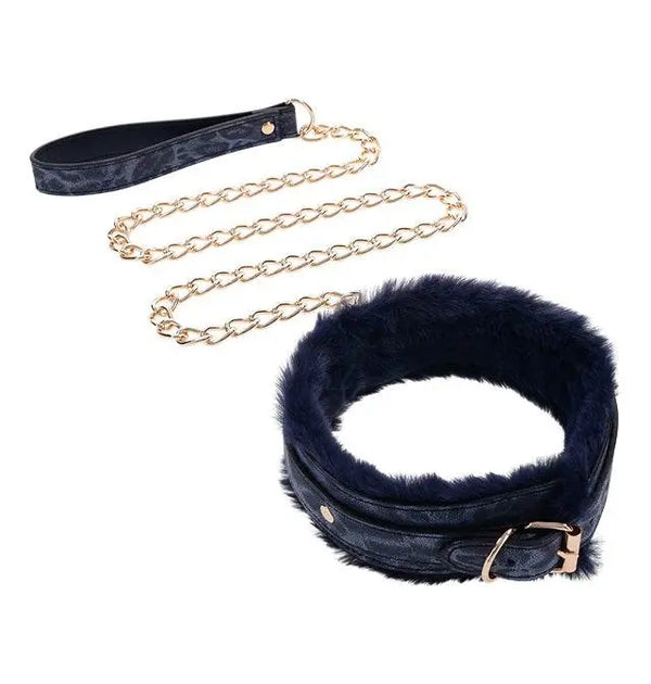 Sex & Mischief Cougar Fur Collar and Leash in navy blue with gold chain