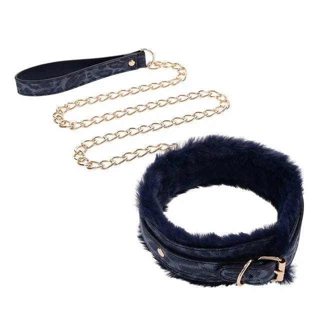 Sex & Mischief Cougar Fur Collar and Leash in navy blue with gold chain