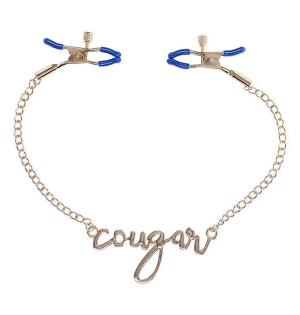 Sex & Mischief Cougar Nipple Clamps with gold chain and blue-tipped adjustable clamps, front view