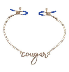 Sex & Mischief Cougar Nipple Clamps with gold chain and blue-tipped adjustable clamps, front view